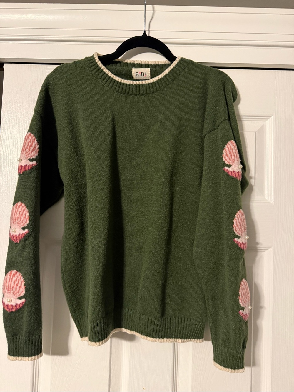 BiBi Olive Green Crewneck Sweater with Pink Shell Accents